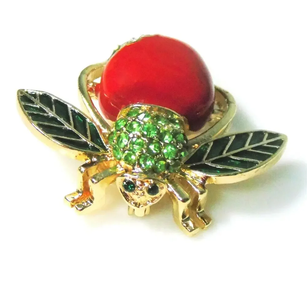 Joan Rivers Apple Bee Brooch Pin Green Crystal Rhinestones Red Enamel Fruit Vtg